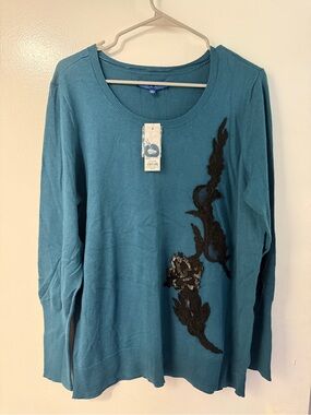 Apt. 9 Teal Long-Sleeve Sweater with Black Floral Applique